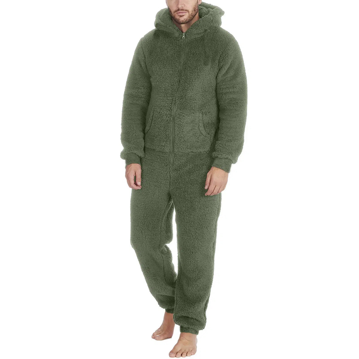 Combinaison-pyjama-homme-vert-avec-fermeture-zippee-capuche