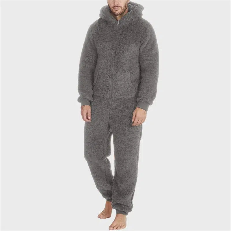 Combinaison-pyjama-zippée-homme-grise-avec-capuche-douce