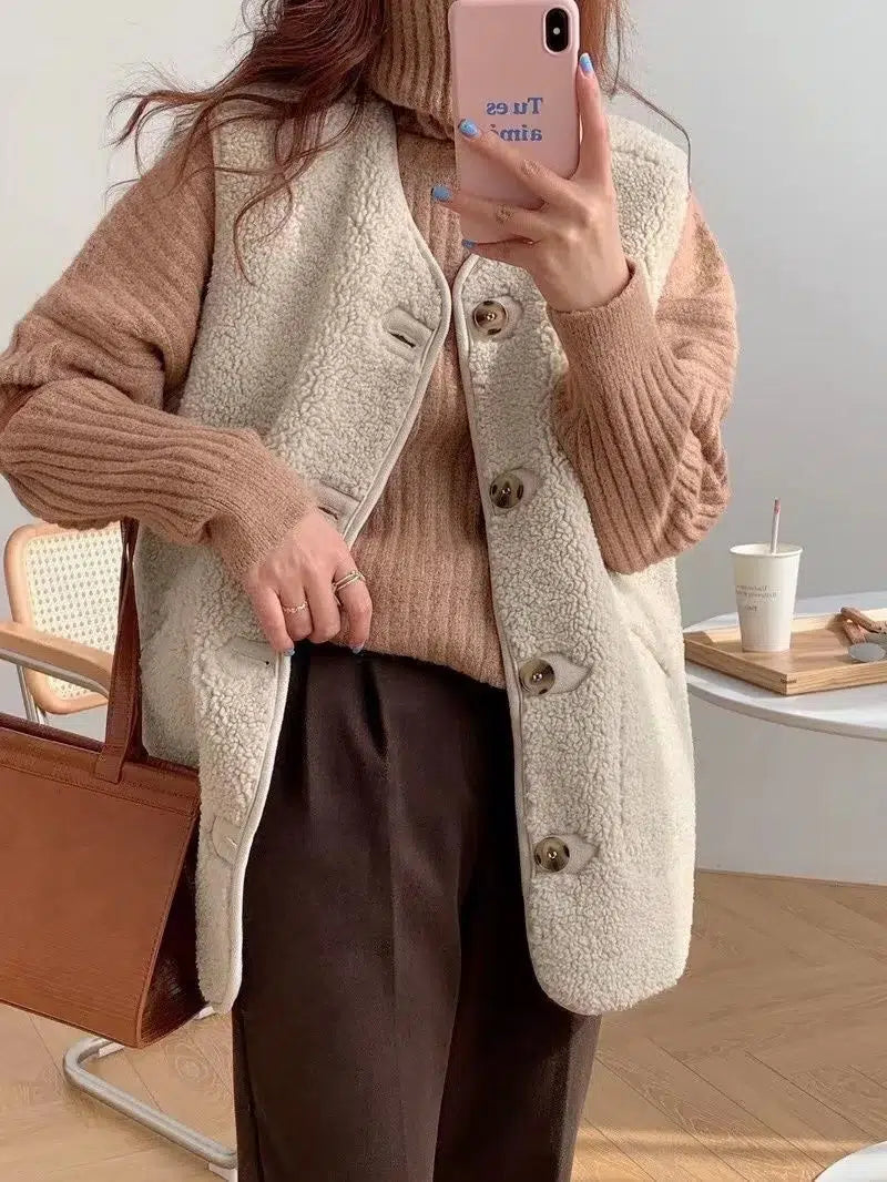 Gilet-long-sans-manche-femme-beige-doux-avec-boutons