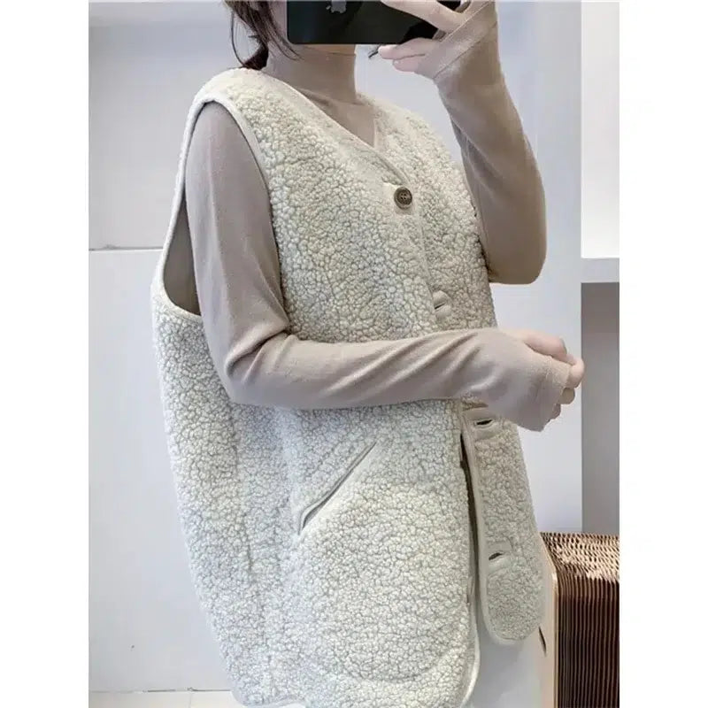 Gilet-sans-manche-femme-beige-long-confortable-boutons