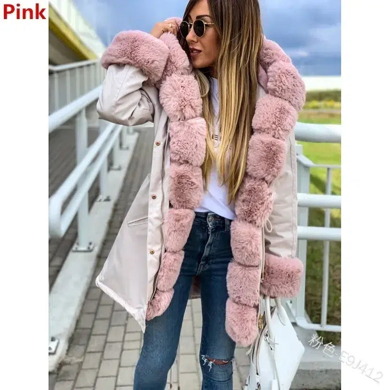 Parka-femme-rose-longue-avec-fourrure-douce