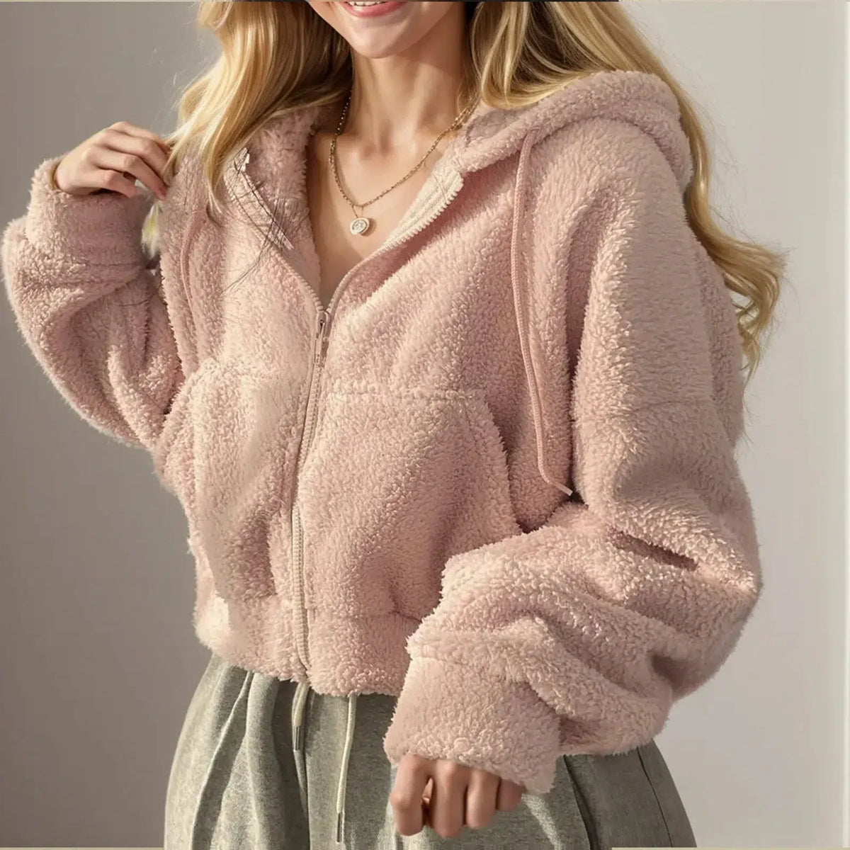 Sweat-moumoute-femme-rose-avec-capuche-et-zip