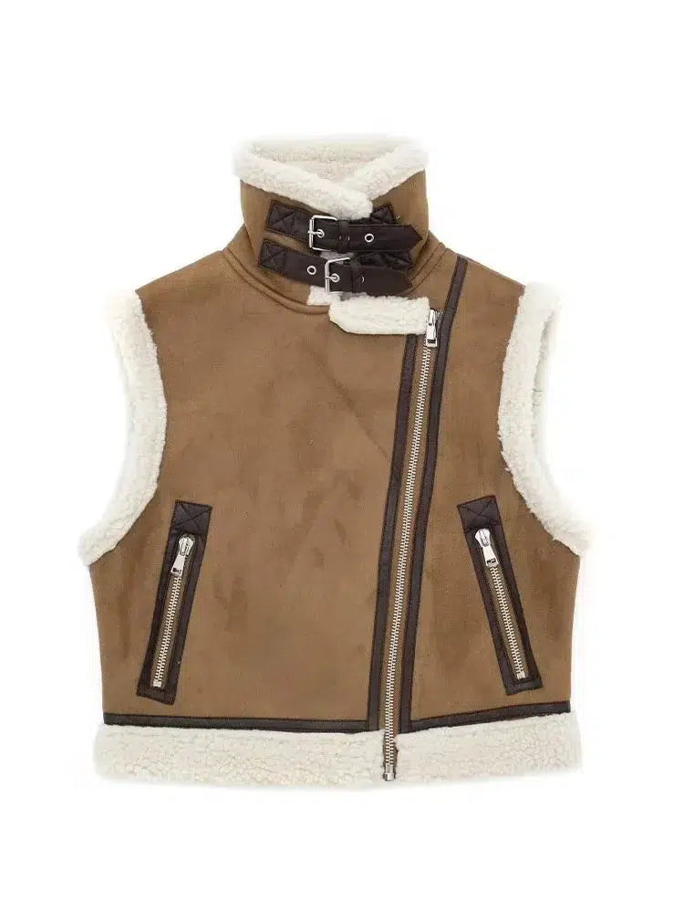 Veste-courte-moumoute-marron-avec-fermeture-eclair