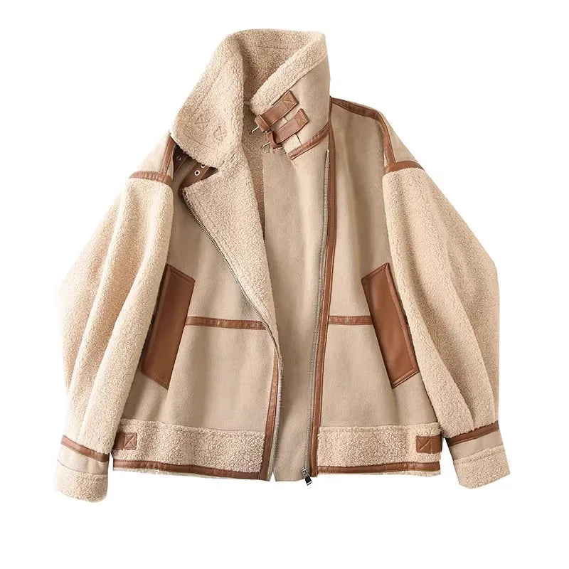 Veste-moumoute-beige-zippee-avec-col-fourrure