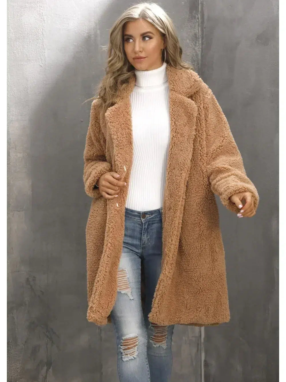 Veste-moumoute-marron-longue-avec-col-revers