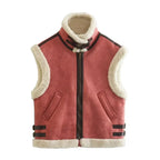 Veste-rouge-duveteuse-reversible-avec-col-peluche